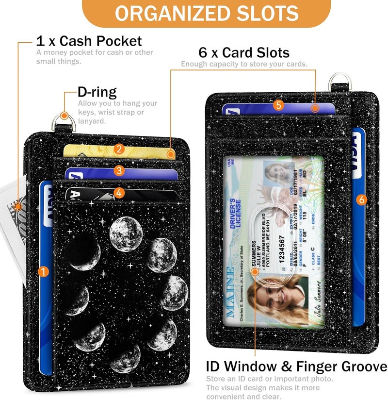 Yonlevres Credit Card Holder Slim Wallet, Moon Lunar Black RFID Wallet Women Front Pocket Small Card Holder, Travel Cute Funny Thin Card Case ID Window PU Leather RFID Blocking Card Organizer Gifts - Image 4